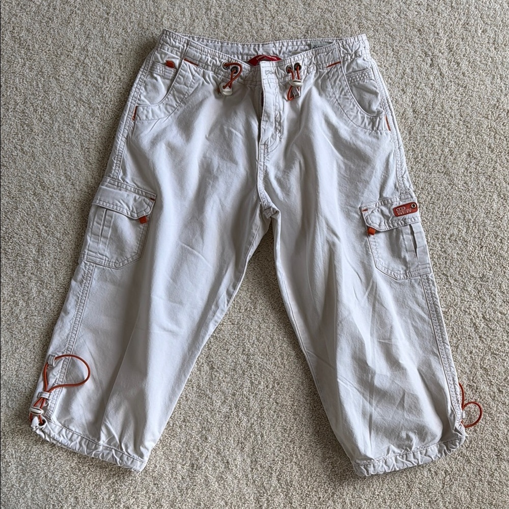 White Cargo Capri Pants with Orange Accents
